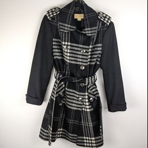 Michael Michael Kors Wool Plaid Tie Waist Peacoat